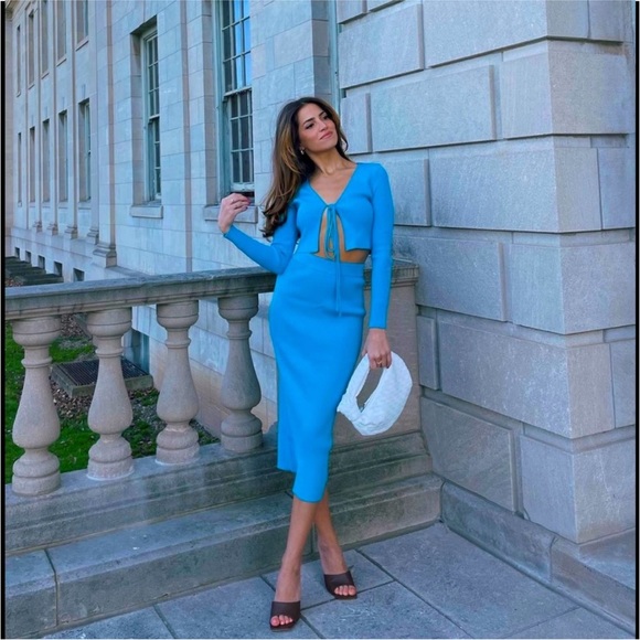 3 piece Matching Set - Ribbed Blue Cardigan Midi Pencil Skirt Crop Top - Picture 3 of 16
